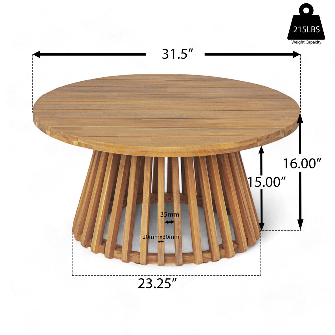 Outdoor Acacia Wood Patio Coffee Table, Round Coffee Table For Backyard, Lawn, Balcony,Teak Finish