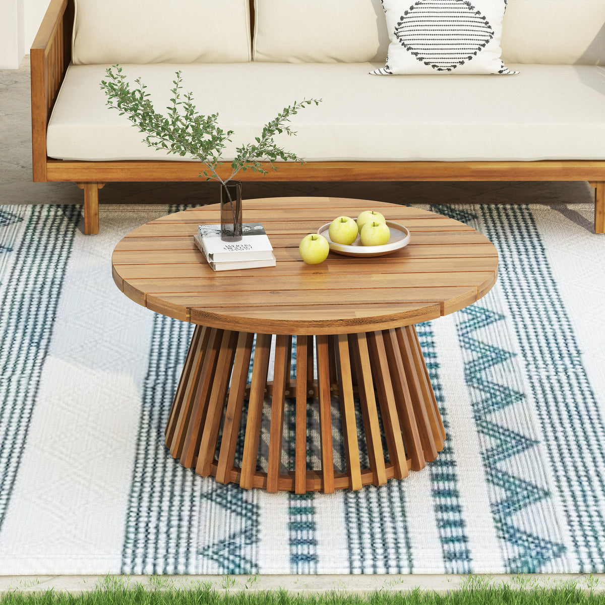 Outdoor Acacia Wood Patio Coffee Table, Round Coffee Table For Backyard, Lawn, Balcony,Teak Finish