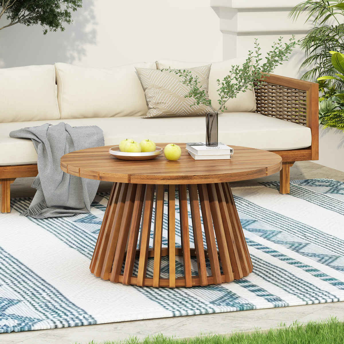 Outdoor Acacia Wood Patio Coffee Table, Round Coffee Table For Backyard, Lawn, Balcony,Teak Finish