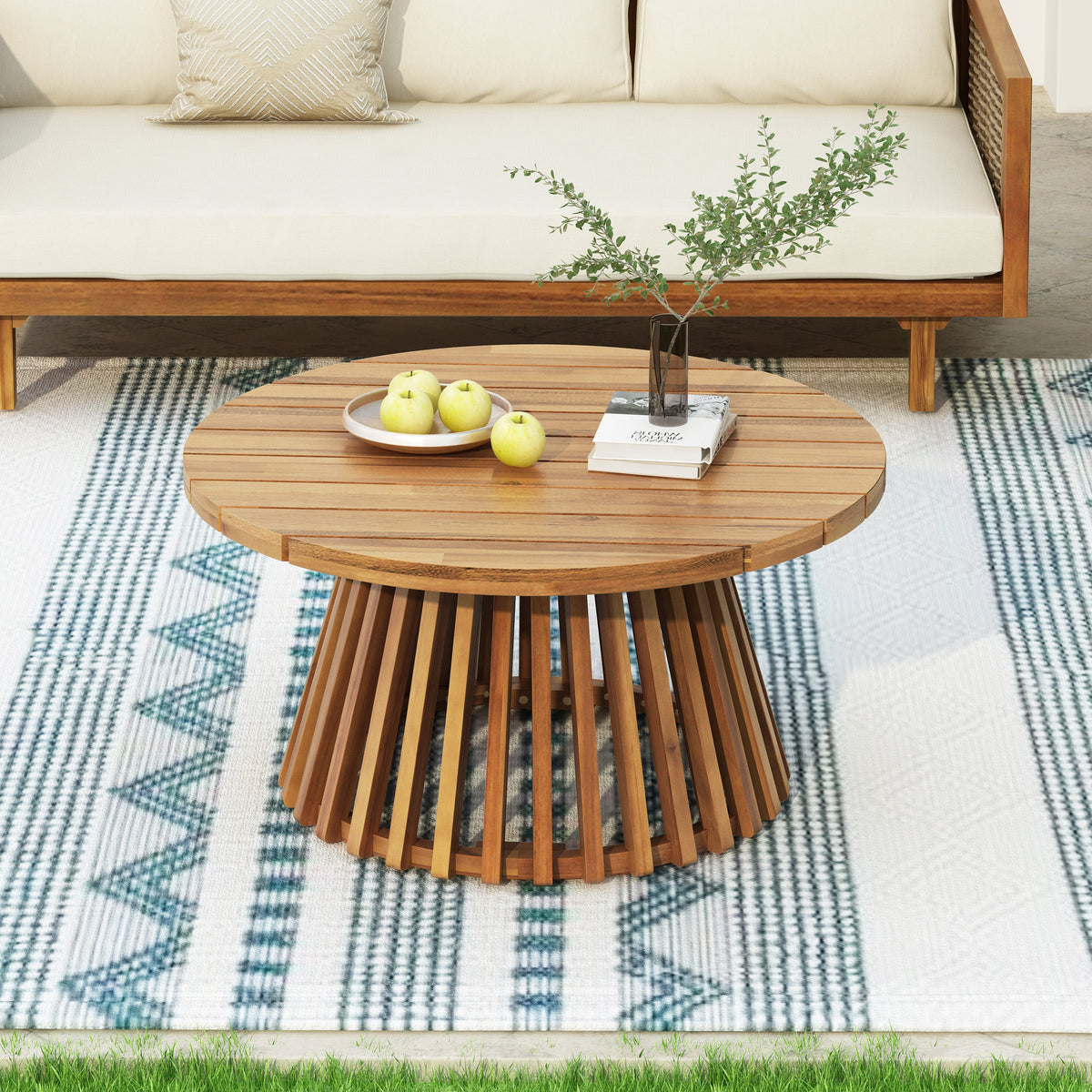 Outdoor Acacia Wood Patio Coffee Table, Round Coffee Table For Backyard, Lawn, Balcony,Teak Finish
