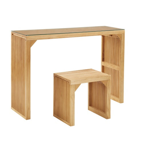 Pine Dining Bench And Table, Indoor Wood Bench For Entryway,Living Room,Kitchen And Bedroom Table And Bench Set  Nature, Bench  Table Small Tempered Glass Included