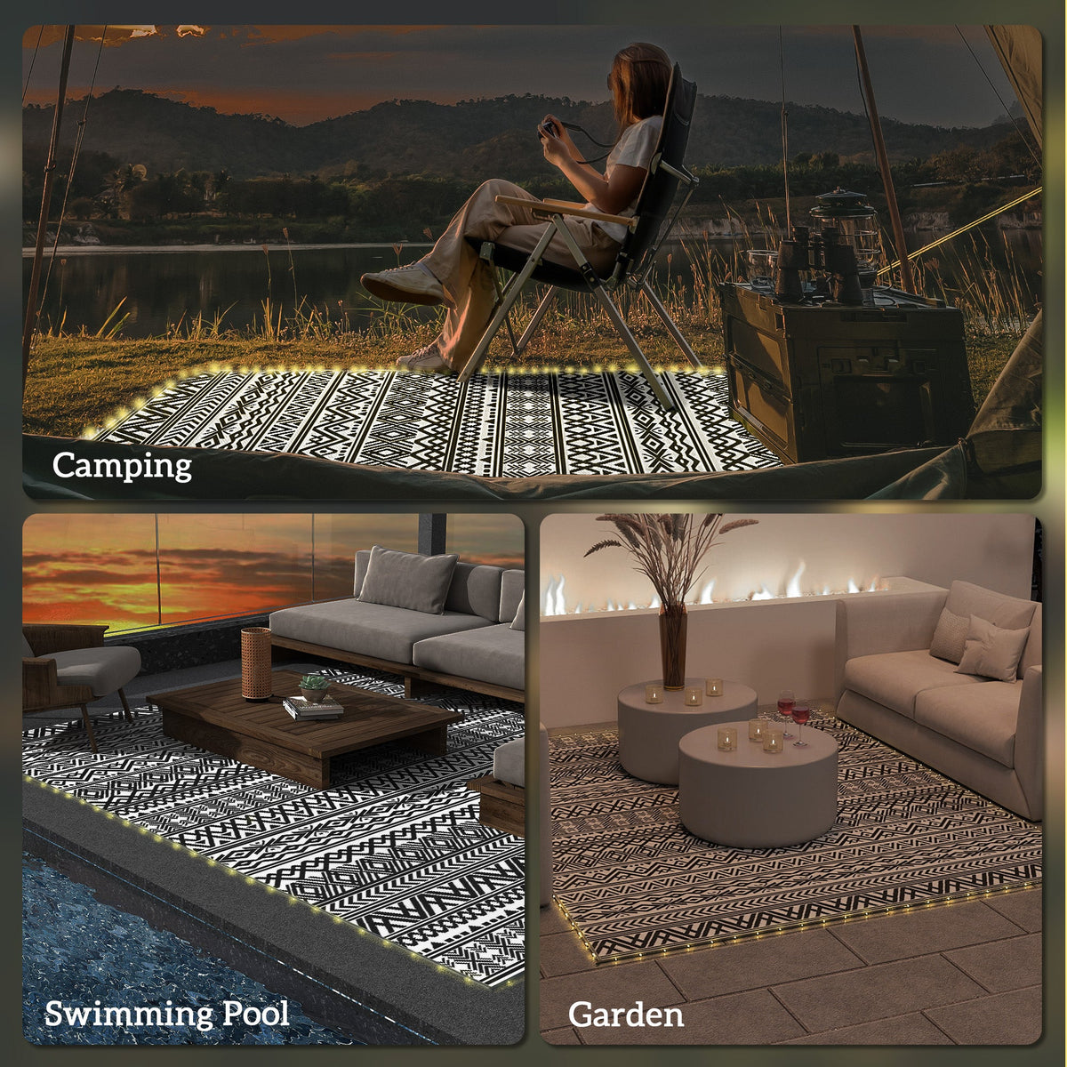 Outdoor Rug Carpet with USB Lights Reversible Patio Rug with Carry Bag for Camping 12 x 9
