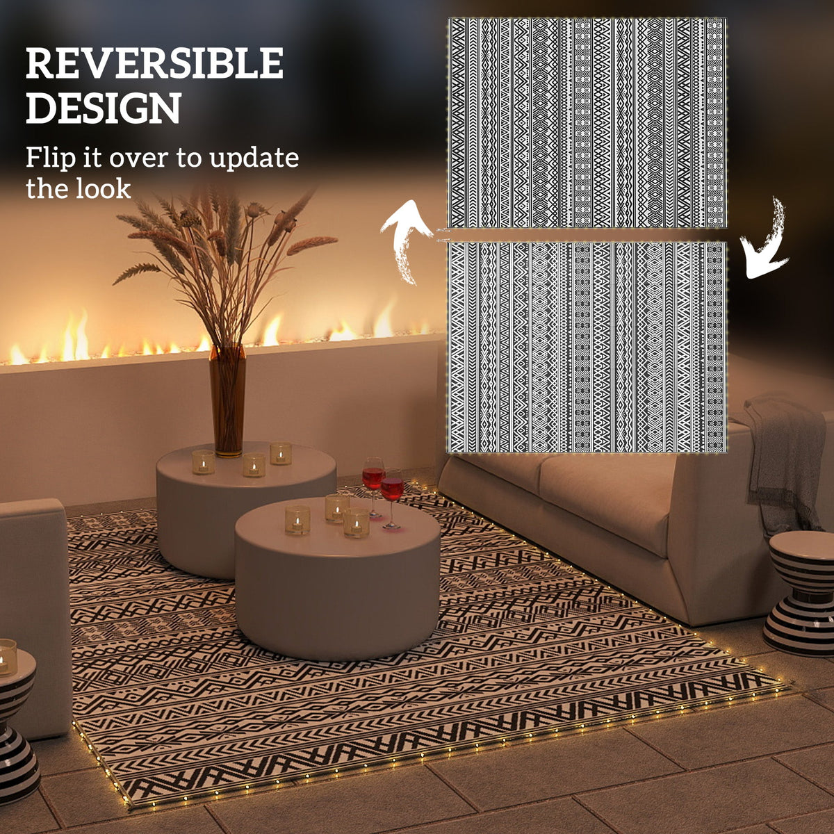 Outdoor Rug Carpet with USB Lights Reversible Patio Rug with Carry Bag for Camping 12 x 9